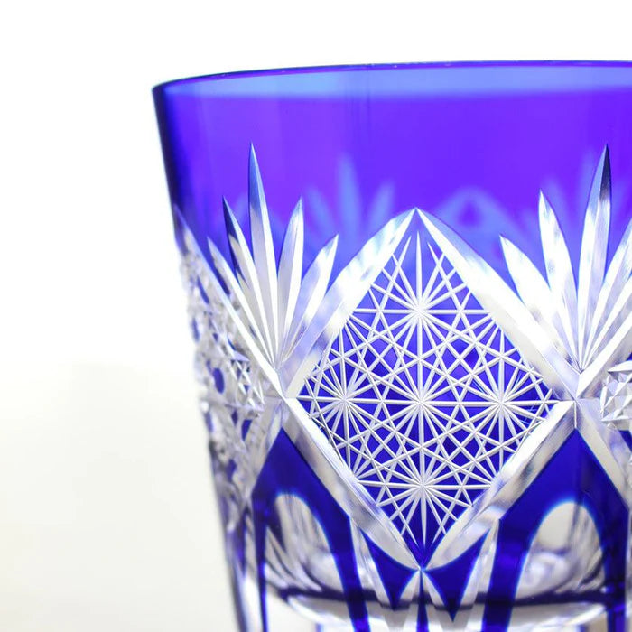 Edo Kiriko glass, Edo cut glass tumbler, Edo cut glass old fashioned, Japanese cut glassware, handmade Edo glass, Kimoto Glassware Edo Kiriko, red and blue Edo glass set, Japanese lattice glass pattern, chrysanthemum Edo cut glass, traditional Japanese glass gift, Japanese artisan glassware, hand-cut glass Japan, luxury Edo glass tumbler pair, symbolic Japanese tableware
