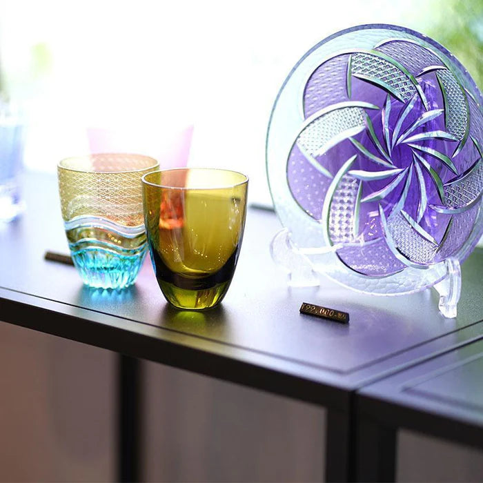 Fu Rin Kiriko plate, Japanese cut glass plate, rinzen glassware, purple Kiriko plate, handmade Japanese glass plate, Tokyo glass artisans, traditional Kiriko glass, Japanese decorative plate, hand-cut glassware Japan, Edo Kiriko style plate, soda glass Japan, luxury Japanese tableware, artisan Japanese glass dish, Japanese giftware plate