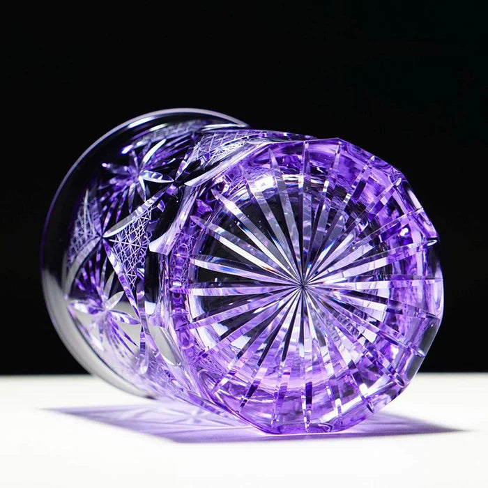 Japanese Kiriko rocks glass, Ginwan no Hana glass, Edo Kiriko drinking glass, traditional Japanese cut glass, purple Kiriko glass, blue and orange Kiriko glass, hand-cut Japanese glassware, chrysanthemum motif glass Japan, Tokyo artisan glass, Japanese starburst glass design, collectible Kiriko tumbler, handmade soda glass Japan, luxury Japanese cut glass, Japanese cultural gift glass, Edo Kiriko chrysanthemum cut glass