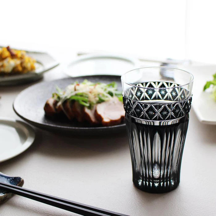 Satsuma Kiriko glass, black Kiriko glass, Japanese cut glass, Satsuma Vidro glass, Kagoshima Kiriko glass, traditional Japanese glassware, Satsuma faceted glass, Japanese black crystal glass, handmade Japanese glass, Satsuma Bidoro Kogei, Edo period glass revival, Japanese gift glassware, Kiriko drinking glass, artisan Japanese cut crystal, Paulownia box gift glass, collectible Japanese glass, traditional Kagoshima craftsmanship