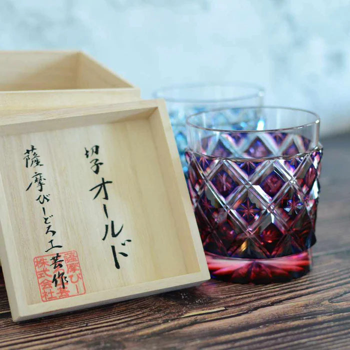 Satsuma Vidro, Satsuma Cut Glass, Japanese cut glass, double-covered lattice glass, crystal glass Japan, hand-cut Japanese glassware, paulownia box glass, Kagoshima glassware, Japanese artisan crystal, gradation glass Japan, green lapis glass, red lapis glass, brown Satsuma glass, Japanese gift glassware, collectible Japanese glass art