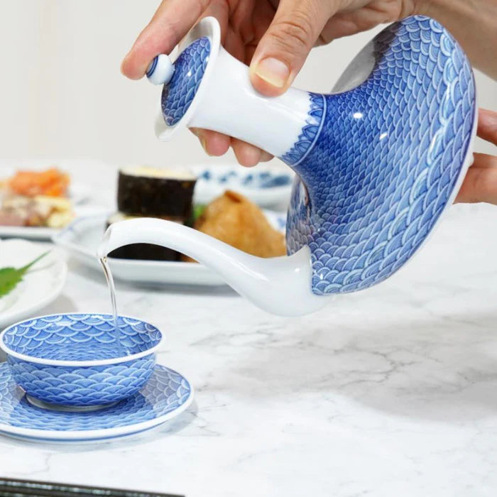 Seigaiha teapot set, Japanese porcelain tea set, Mikawachi ware tea set, Hirado Shozan porcelain, Japanese wave pattern cups, blue and white porcelain Japan, traditional Japanese tea set, Seigaiha motif pottery, Nagasaki porcelain ware, hand-painted Japanese ceramics, Hirado teapot and cup set, ocean wave design porcelain, Japanese gift tea set, artisanal porcelain Japan