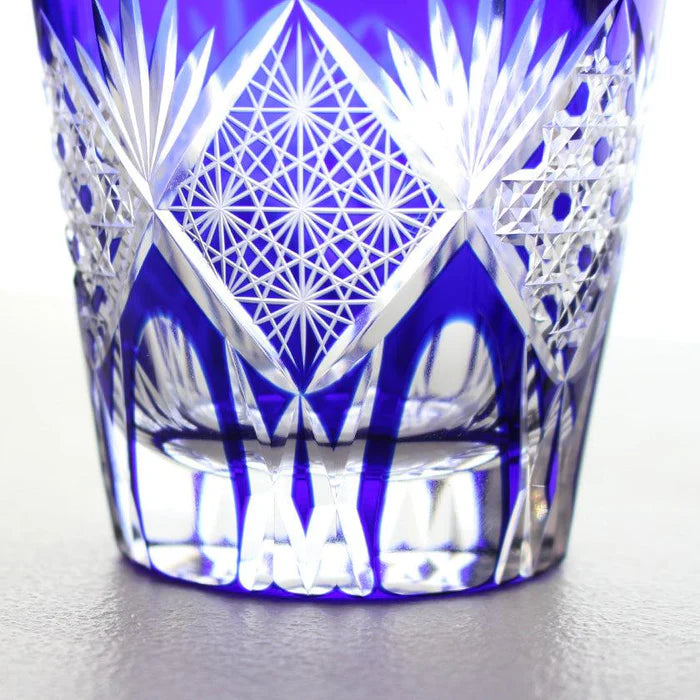 Edo Kiriko glass, Edo cut glass tumbler, Edo cut glass old fashioned, Japanese cut glassware, handmade Edo glass, Kimoto Glassware Edo Kiriko, red and blue Edo glass set, Japanese lattice glass pattern, chrysanthemum Edo cut glass, traditional Japanese glass gift, Japanese artisan glassware, hand-cut glass Japan, luxury Edo glass tumbler pair, symbolic Japanese tableware