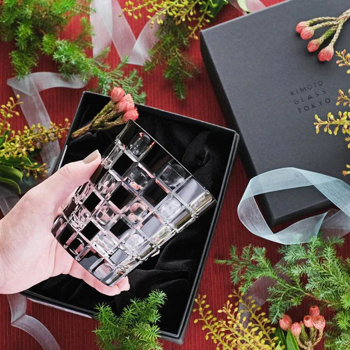 Edo Kiriko glass, Kuroco glass, Japanese cut glass, Edo Kiriko black glass, Kimoto glassware, checkered glass, Japanese whiskey glass, Edo Kiriko old glass, handcrafted glass Tokyo, Japanese luxury glassware, modern Edo Kiriko, Ichimatsu pattern glass, Japanese faceted glass, traditional Japanese giftware