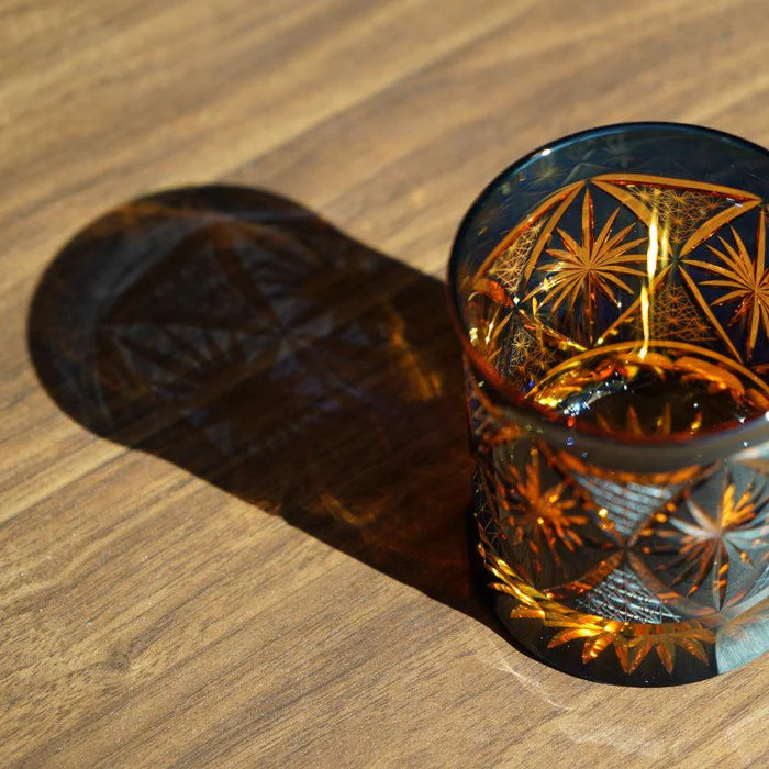 Japanese Kiriko rocks glass, Ginwan no Hana glass, Edo Kiriko drinking glass, traditional Japanese cut glass, purple Kiriko glass, blue and orange Kiriko glass, hand-cut Japanese glassware, chrysanthemum motif glass Japan, Tokyo artisan glass, Japanese starburst glass design, collectible Kiriko tumbler, handmade soda glass Japan, luxury Japanese cut glass, Japanese cultural gift glass, Edo Kiriko chrysanthemum cut glass