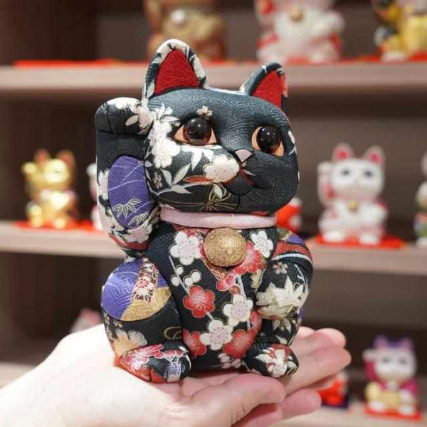 Maneki Neko silk doll, Yuzen black Maneki Neko, Nishijin-ori beckoning cat, luxury Japanese lucky cat, Kakinuma Dolls Maneki Neko, Edo Art Doll cat, Japanese prosperity charm, Swarovski crystal Maneki Neko, Japanese shop opening gift, extra-large beckoning cat ornament, handcrafted Japanese Maneki Neko, kimekomi style lucky cat, Japanese business success figurine, gold silk Maneki Neko, black floral Yuzen cat figurine, artisan Maneki Neko Japan, traditional Japanese good luck cat, handmade Japanese cultural