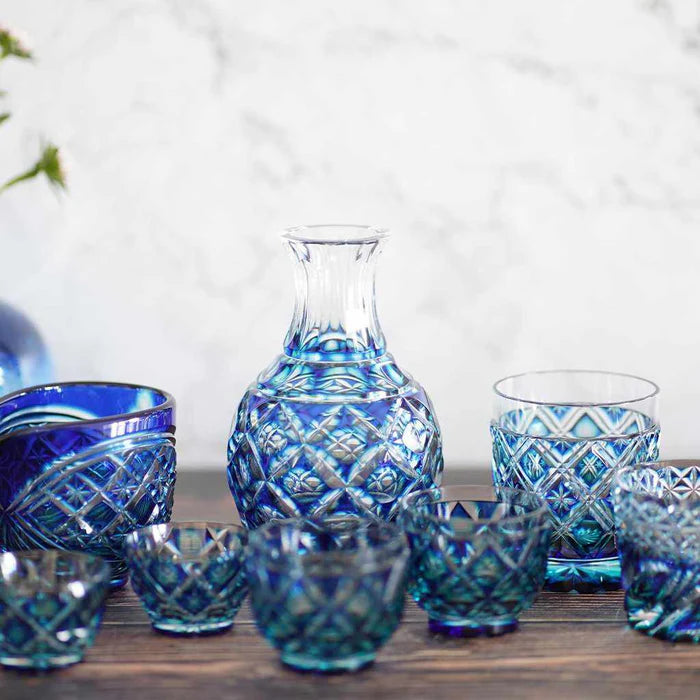 Satsuma Kiriko, Satsuma cut glass, Japanese crystal carafe, Satsuma Vidro, handmade Japanese glassware, lapis lazuli glass carafe, gold red cut glass, green cut glass, Japanese crystal set, traditional Japanese glass, Kagoshima glassware, Edo period glass technique, Japanese tableware gift, artisan cut crystal, paulownia gift box glassware, Japanese craftsmanship glass