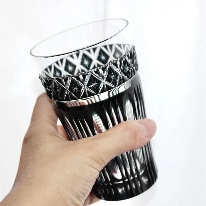 Satsuma Kiriko glass, black Kiriko glass, Japanese cut glass, Satsuma Vidro glass, Kagoshima Kiriko glass, traditional Japanese glassware, Satsuma faceted glass, Japanese black crystal glass, handmade Japanese glass, Satsuma Bidoro Kogei, Edo period glass revival, Japanese gift glassware, Kiriko drinking glass, artisan Japanese cut crystal, Paulownia box gift glass, collectible Japanese glass, traditional Kagoshima craftsmanship
