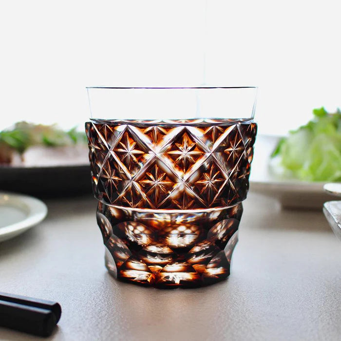 Satsuma Vidro, Satsuma Cut Glass, Japanese cut glass, double-covered lattice glass, crystal glass Japan, hand-cut Japanese glassware, paulownia box glass, Kagoshima glassware, Japanese artisan crystal, gradation glass Japan, green lapis glass, red lapis glass, brown Satsuma glass, Japanese gift glassware, collectible Japanese glass art