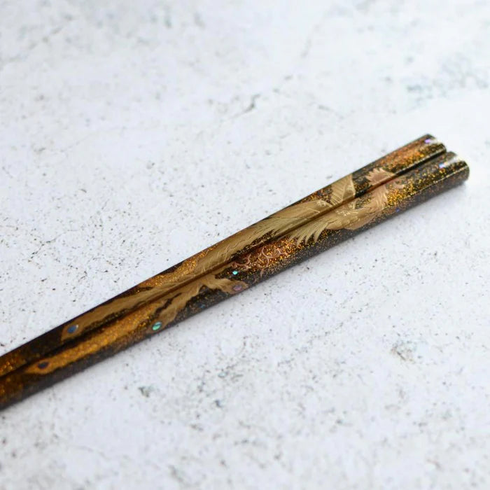 Wajima lacquer chopsticks, Japanese maki-e chopsticks, Hashimoto Kousaku Shikki, dragon chopsticks, phoenix chopsticks, luxury Japanese chopsticks, handmade lacquer chopsticks, traditional Japanese chopsticks, Wajima-nuri chopsticks, Ishikawa lacquerware, Noto cypress chopsticks, Japanese gift chopsticks, gold maki-e chopsticks, paulownia box chopsticks, collectible Japanese chopsticks