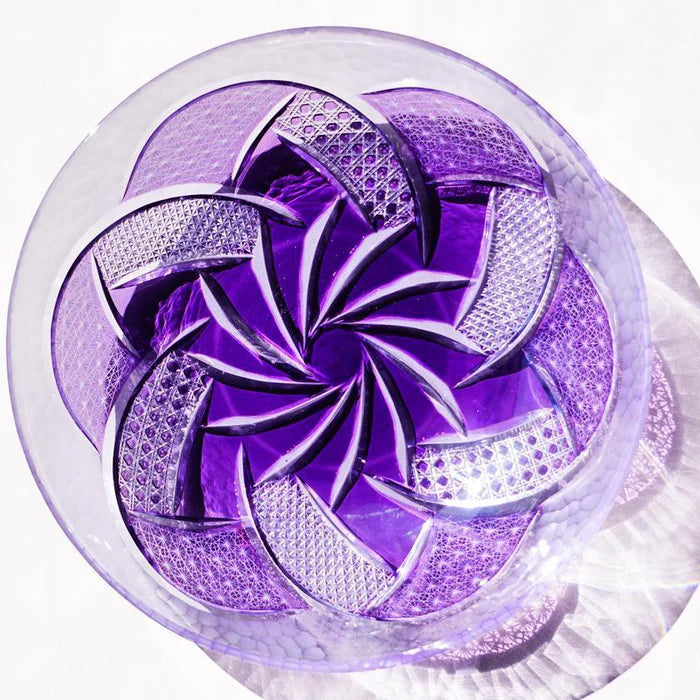 Fu Rin Kiriko plate, Japanese cut glass plate, rinzen glassware, purple Kiriko plate, handmade Japanese glass plate, Tokyo glass artisans, traditional Kiriko glass, Japanese decorative plate, hand-cut glassware Japan, Edo Kiriko style plate, soda glass Japan, luxury Japanese tableware, artisan Japanese glass dish, Japanese giftware plate