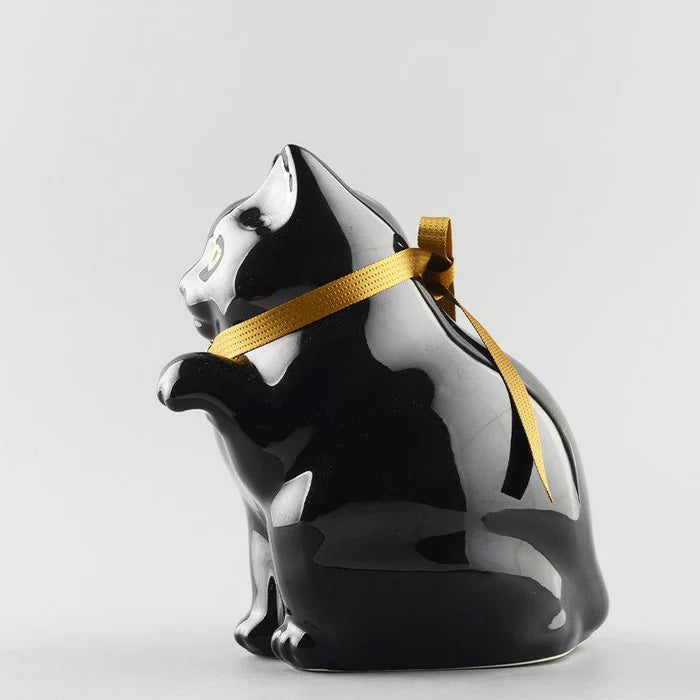 Maneki Neko coin bank, porcelain lucky cat bank, Hizen Yoshida Ware Maneki Neko, KataKoto beckoning cat, Japanese money box cat, black Maneki Neko bank, white Maneki Neko bank, Japanese store opening gift, ceramic cat coin bank, traditional Japanese porcelain cat, chubby lucky cat figurine, handcrafted Maneki Neko Japan, black gold lucky cat ornament, white navy Maneki Neko money bank, Japanese prosperity charm, artisan porcelain Maneki Neko.