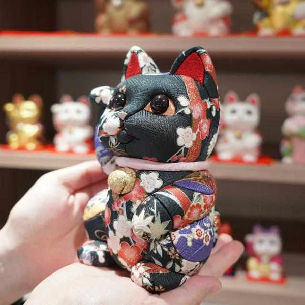 Maneki Neko silk doll, Yuzen black Maneki Neko, Nishijin-ori beckoning cat, luxury Japanese lucky cat, Kakinuma Dolls Maneki Neko, Edo Art Doll cat, Japanese prosperity charm, Swarovski crystal Maneki Neko, Japanese shop opening gift, extra-large beckoning cat ornament, handcrafted Japanese Maneki Neko, kimekomi style lucky cat, Japanese business success figurine, gold silk Maneki Neko, black floral Yuzen cat figurine, artisan Maneki Neko Japan, traditional Japanese good luck cat, handmade Japanese cultural