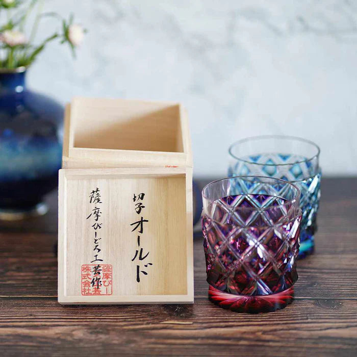 Satsuma Vidro, Satsuma Cut Glass, Japanese cut glass, double-covered lattice glass, crystal glass Japan, hand-cut Japanese glassware, paulownia box glass, Kagoshima glassware, Japanese artisan crystal, gradation glass Japan, green lapis glass, red lapis glass, brown Satsuma glass, Japanese gift glassware, collectible Japanese glass art