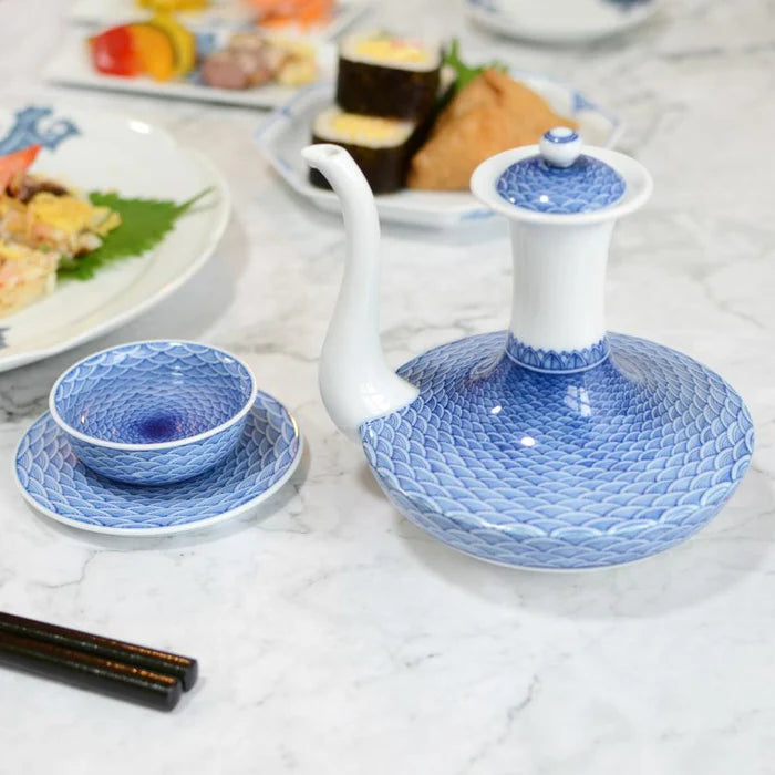Seigaiha teapot set, Japanese porcelain tea set, Mikawachi ware tea set, Hirado Shozan porcelain, Japanese wave pattern cups, blue and white porcelain Japan, traditional Japanese tea set, Seigaiha motif pottery, Nagasaki porcelain ware, hand-painted Japanese ceramics, Hirado teapot and cup set, ocean wave design porcelain, Japanese gift tea set, artisanal porcelain Japan