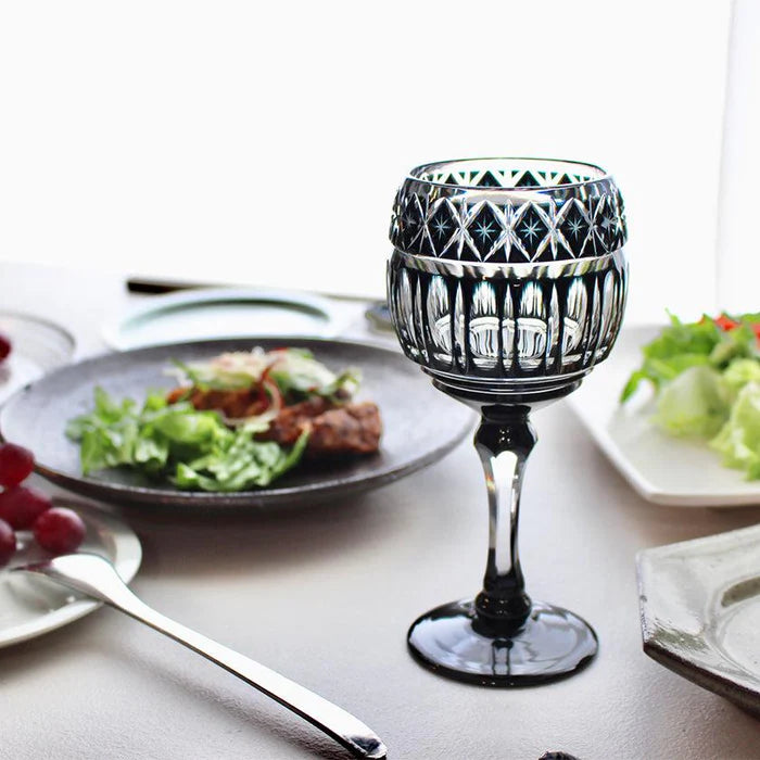 black Satsuma Kiriko glass, Japanese cut glassware, luxury Japanese tableware, handcrafted faceted glass Japan, Satsuma Vidro artisan glass, black crystal glass cup Kagoshima, traditional Japanese craft stemware, paulownia wood gift box Japanese glass, Japanese décor collectible glassware, Edo period Satsuma cut glass, modern Japanese luxury drinking glass, handmade Japanese glass gift, black Kiriko faceted glass, Kagoshima traditional craft, Japanese artisan stemware, luxury Japanese décor, crystal faceted