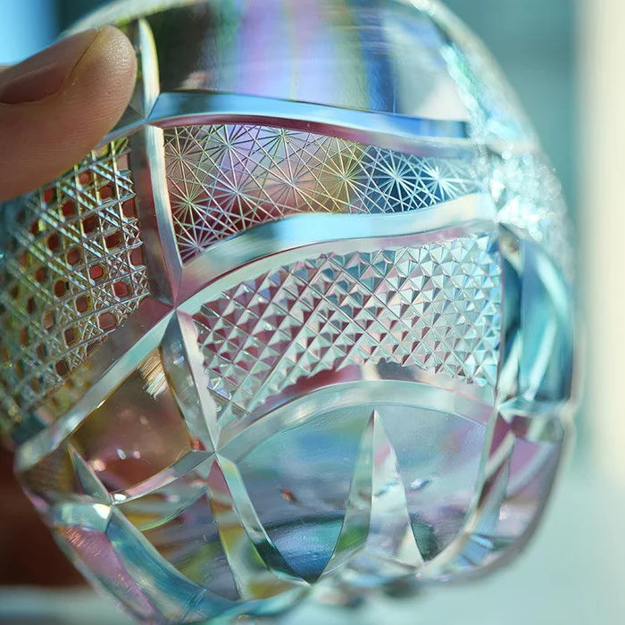 Kiriko Reimagined Glass, limited edition Japanese glass, Haruka Horie glass art, Rinzen glassware, traditional Kiriko cut glass, handmade Japanese glass, Tokyo artisan glass, collectible Japanese glassware, Kiku Tsunagi pattern, Kagome lattice glass, Nanako Edo Kiriko design, Japanese cultural gifts, rare Japanese glassware, hand-cut Japanese soda glass, modern Japanese craftsmanship
