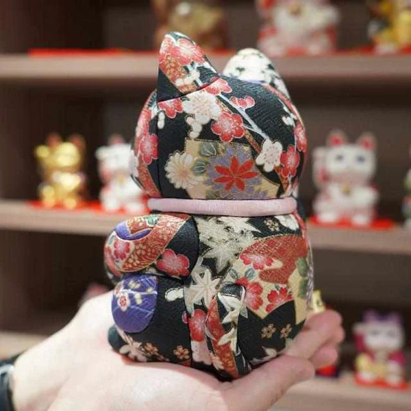 Maneki Neko silk doll, Yuzen black Maneki Neko, Nishijin-ori beckoning cat, luxury Japanese lucky cat, Kakinuma Dolls Maneki Neko, Edo Art Doll cat, Japanese prosperity charm, Swarovski crystal Maneki Neko, Japanese shop opening gift, extra-large beckoning cat ornament, handcrafted Japanese Maneki Neko, kimekomi style lucky cat, Japanese business success figurine, gold silk Maneki Neko, black floral Yuzen cat figurine, artisan Maneki Neko Japan, traditional Japanese good luck cat, handmade Japanese cultural