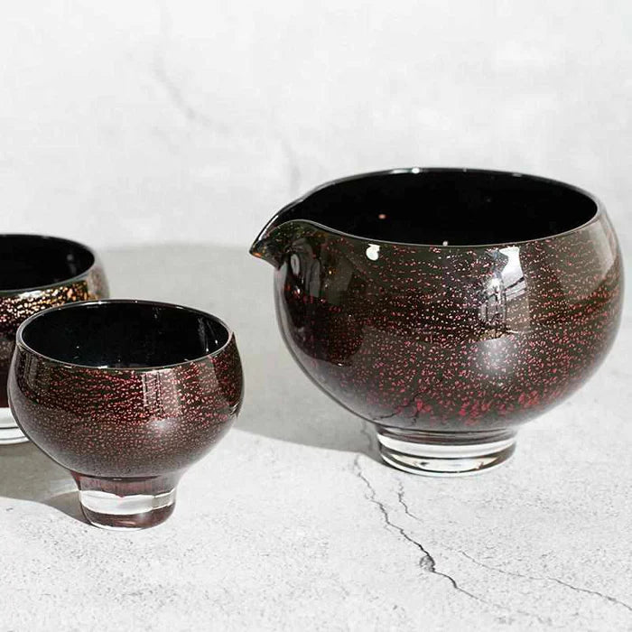 Sai glass set, Japanese blown glass, Glass Studio Izumo, handmade glass cups, Japanese glassware set, Izumo glass craft, silver foil glass, Sai red glass, Sai green glass, Sai blue glass, artisan glass Japan, Japanese design glassware, modern Japanese tableware, handmade Japanese gift set, collectible glass Japan