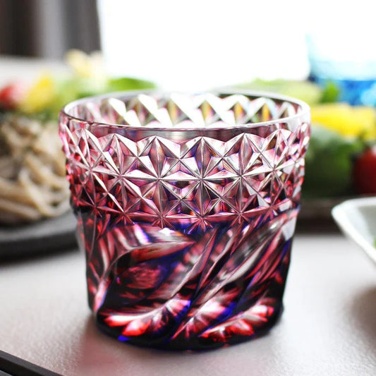 Satsuma Kiriko glass, Satsuma faceted glass, Kagoshima cut glass, Japanese soba choko cups, double-layer crystal glass Japan, lapis lazuli cut glass, Edo-period Satsuma glass revival, Japanese chrysanthemum motif glassware, flowing water pattern glass, handmade crystal glass Japan, Satsuma Vidro faceted cups, traditional Japanese cut glass gifts, paulownia wood box Japanese giftware, Japanese soba cup set