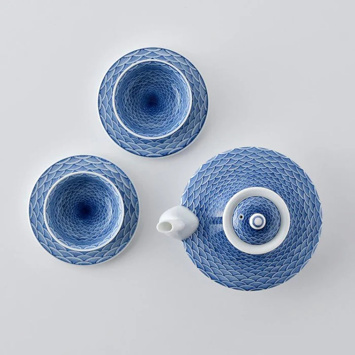 Seigaiha teapot set, Japanese porcelain tea set, Mikawachi ware tea set, Hirado Shozan porcelain, Japanese wave pattern cups, blue and white porcelain Japan, traditional Japanese tea set, Seigaiha motif pottery, Nagasaki porcelain ware, hand-painted Japanese ceramics, Hirado teapot and cup set, ocean wave design porcelain, Japanese gift tea set, artisanal porcelain Japan