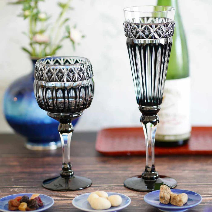 black Satsuma Kiriko glass, Japanese cut glassware, luxury Japanese tableware, handcrafted faceted glass Japan, Satsuma Vidro artisan glass, black crystal glass cup Kagoshima, traditional Japanese craft stemware, paulownia wood gift box Japanese glass, Japanese décor collectible glassware, Edo period Satsuma cut glass, modern Japanese luxury drinking glass, handmade Japanese glass gift, black Kiriko faceted glass, Kagoshima traditional craft, Japanese artisan stemware, luxury Japanese décor, crystal faceted