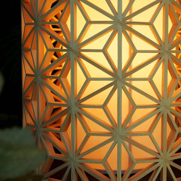 Kumiko lamp, Japanese Kumiko light, hemp leaf pattern lamp, Asanoha light, Japanese pendant light, Japanese table lamp, Kyoto Hinoki lamp, handmade Japanese lamp, Murayama Mokko Kumiko, Japanese wooden lamp, traditional Japanese lighting, artisan wood lamp, Kyo Sashimono lamp, Hinoki cypress lamp, Japanese joinery lamp, Japanese geometric light, handmade Kumiko lighting, hemp leaf Kumiko shade, Japanese cultural home decor