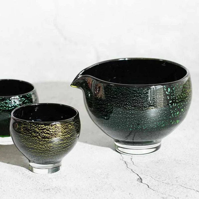 Sai glass set, Japanese blown glass, Glass Studio Izumo, handmade glass cups, Japanese glassware set, Izumo glass craft, silver foil glass, Sai red glass, Sai green glass, Sai blue glass, artisan glass Japan, Japanese design glassware, modern Japanese tableware, handmade Japanese gift set, collectible glass Japan