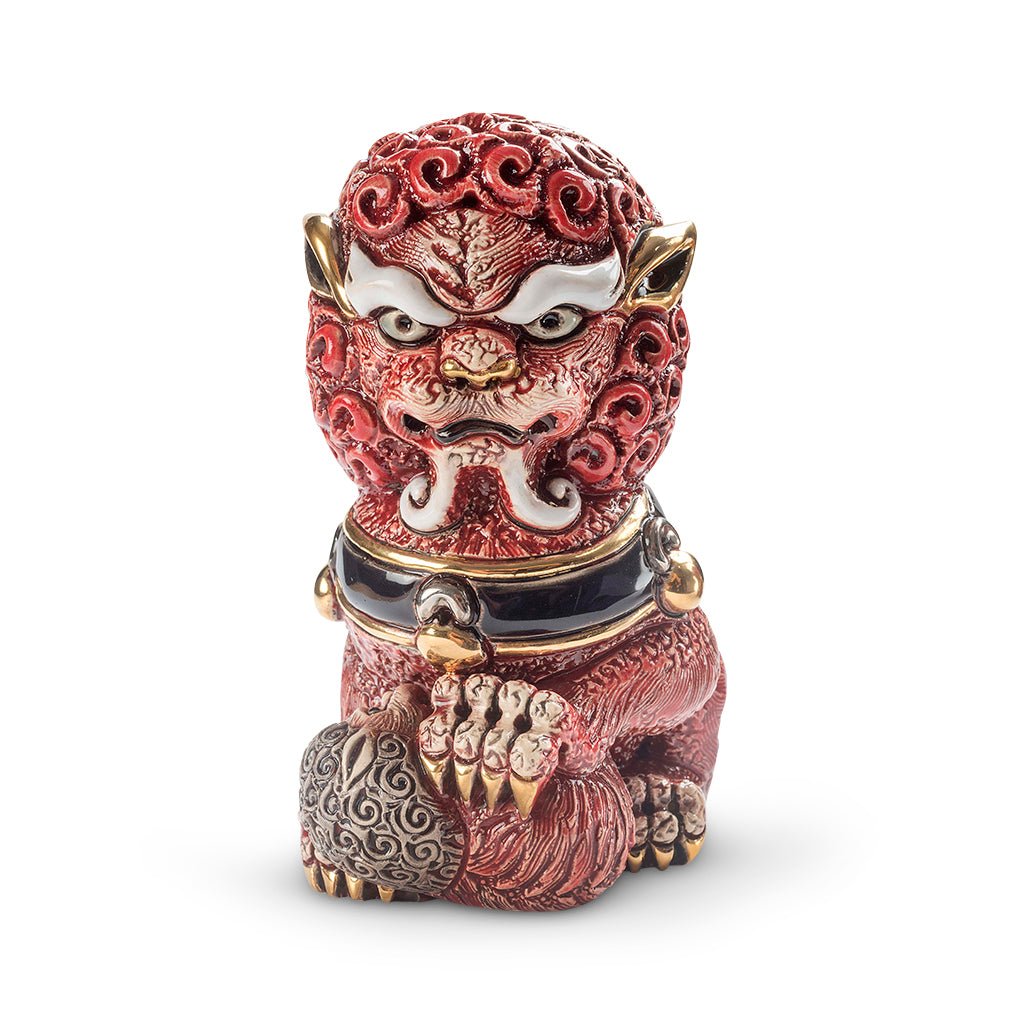 Pair of ceramic Foo Lions hand-carved, soft earthy tones. Detailed mane and poised stances, Chinese feng shui. Lion set for home, office, entryway décor. Hand‑Carved Foo Dog Statue. Lion Figurine. Foo Lion Sculptures. Lion Table Décor