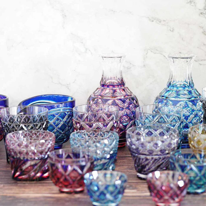 Satsuma Kiriko, Satsuma cut glass, Japanese crystal carafe, Satsuma Vidro, handmade Japanese glassware, lapis lazuli glass carafe, gold red cut glass, green cut glass, Japanese crystal set, traditional Japanese glass, Kagoshima glassware, Edo period glass technique, Japanese tableware gift, artisan cut crystal, paulownia gift box glassware, Japanese craftsmanship glass