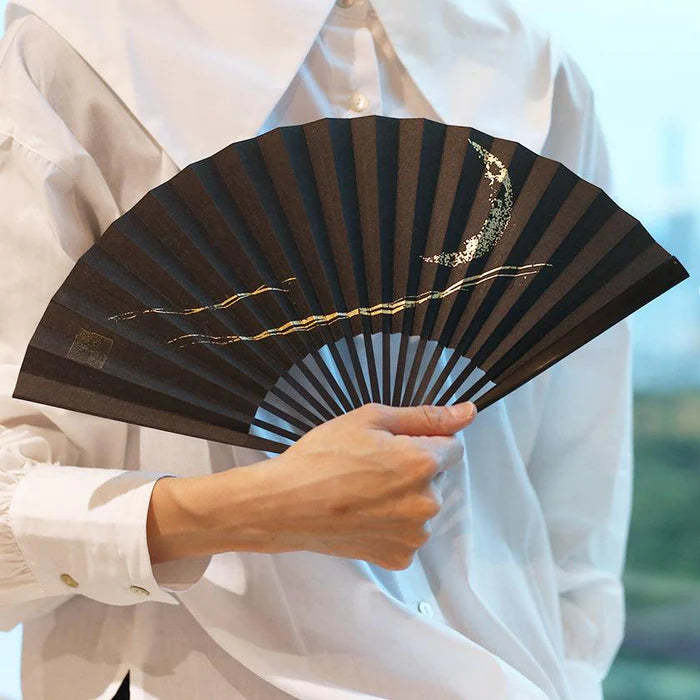 Japanese folding fan, Edo fan, Karakami fan, handmade Japanese fan, washi paper fan, moon motif fan, gold leaf Japanese fan, silver leaf Japanese fan, traditional Japanese hand fan, cultural Japanese gift, Kyoto washi fan, Japanese bamboo fan, Japanese fan with case, paulownia box fan, Japanese seasonal fan