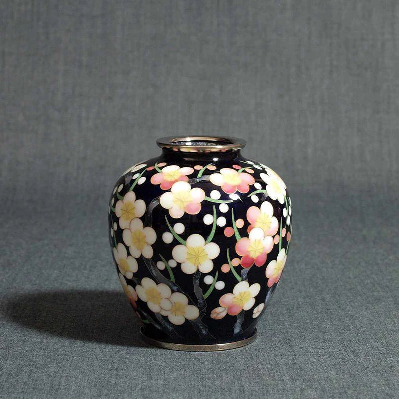 Owari cloisonne vase, Japanese cloisonne art, ume-zume plum blossom vase, Kato Shippo Seisakusyo vase, Japanese enamelware, wired cloisonne vase, Japanese decorative vase, black cloisonne vase, yellow cloisonne vase, Japanese handcrafted vase, plum blossom symbolism Japan, small Japanese art vase, cloisonne collector’s item, Aichi Prefecture artisan vase, traditional Japanese enamel vase