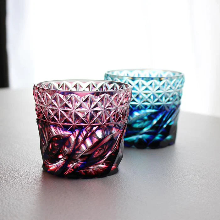 Satsuma Kiriko glass, Satsuma faceted glass, Kagoshima cut glass, Japanese soba choko cups, double-layer crystal glass Japan, lapis lazuli cut glass, Edo-period Satsuma glass revival, Japanese chrysanthemum motif glassware, flowing water pattern glass, handmade crystal glass Japan, Satsuma Vidro faceted cups, traditional Japanese cut glass gifts, paulownia wood box Japanese giftware, Japanese soba cup set