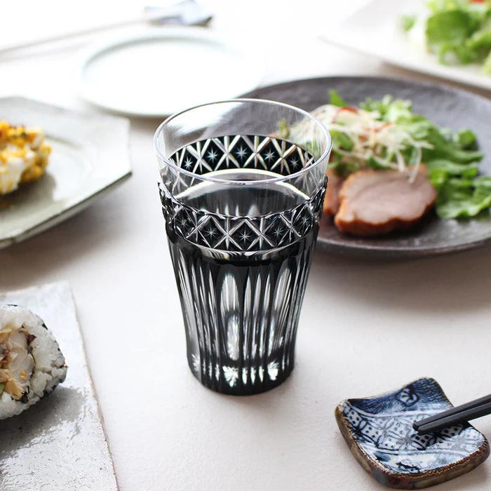Satsuma Kiriko glass, black Kiriko glass, Japanese cut glass, Satsuma Vidro glass, Kagoshima Kiriko glass, traditional Japanese glassware, Satsuma faceted glass, Japanese black crystal glass, handmade Japanese glass, Satsuma Bidoro Kogei, Edo period glass revival, Japanese gift glassware, Kiriko drinking glass, artisan Japanese cut crystal, Paulownia box gift glass, collectible Japanese glass, traditional Kagoshima craftsmanship