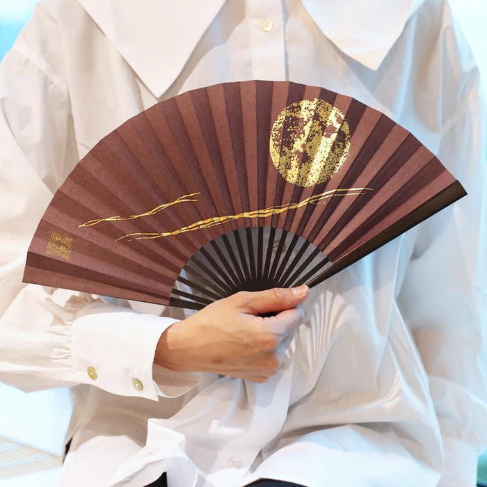 Japanese folding fan, Edo fan, Karakami fan, handmade Japanese fan, washi paper fan, moon motif fan, gold leaf Japanese fan, silver leaf Japanese fan, traditional Japanese hand fan, cultural Japanese gift, Kyoto washi fan, Japanese bamboo fan, Japanese fan with case, paulownia box fan, Japanese seasonal fan