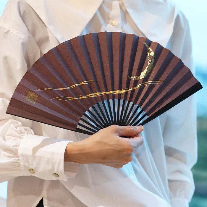 Japanese folding fan, Edo fan, Karakami fan, handmade Japanese fan, washi paper fan, moon motif fan, gold leaf Japanese fan, silver leaf Japanese fan, traditional Japanese hand fan, cultural Japanese gift, Kyoto washi fan, Japanese bamboo fan, Japanese fan with case, paulownia box fan, Japanese seasonal fan