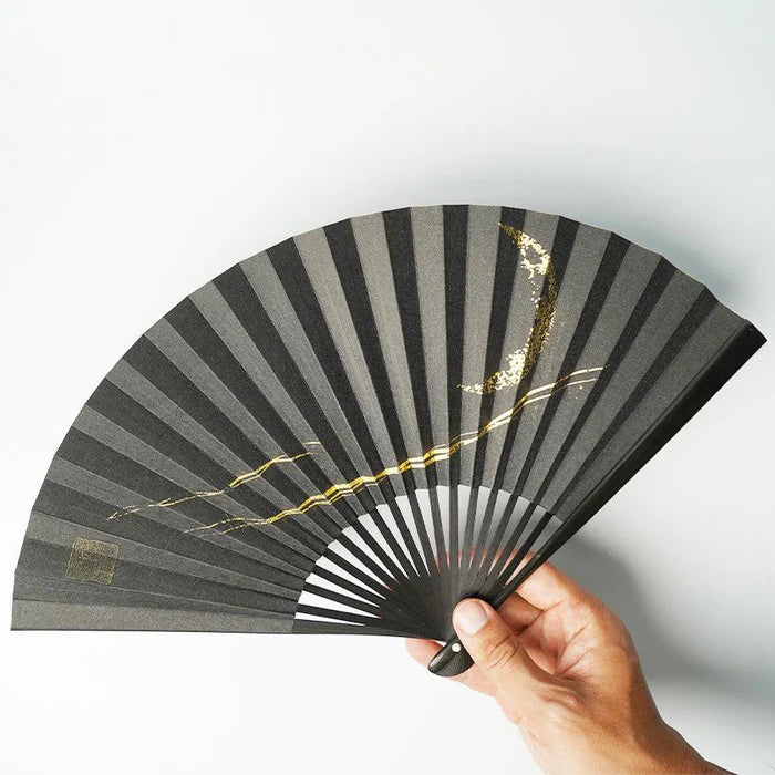 Japanese folding fan, Edo fan, Karakami fan, handmade Japanese fan, washi paper fan, moon motif fan, gold leaf Japanese fan, silver leaf Japanese fan, traditional Japanese hand fan, cultural Japanese gift, Kyoto washi fan, Japanese bamboo fan, Japanese fan with case, paulownia box fan, Japanese seasonal fan