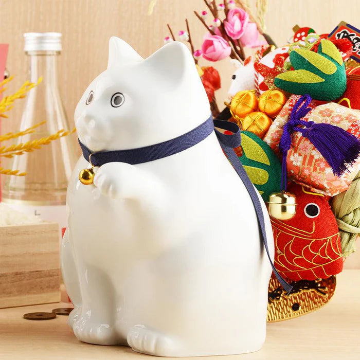 Maneki Neko coin bank, porcelain lucky cat bank, Hizen Yoshida Ware Maneki Neko, KataKoto beckoning cat, Japanese money box cat, black Maneki Neko bank, white Maneki Neko bank, Japanese store opening gift, ceramic cat coin bank, traditional Japanese porcelain cat, chubby lucky cat figurine, handcrafted Maneki Neko Japan, black gold lucky cat ornament, white navy Maneki Neko money bank, Japanese prosperity charm, artisan porcelain Maneki Neko.