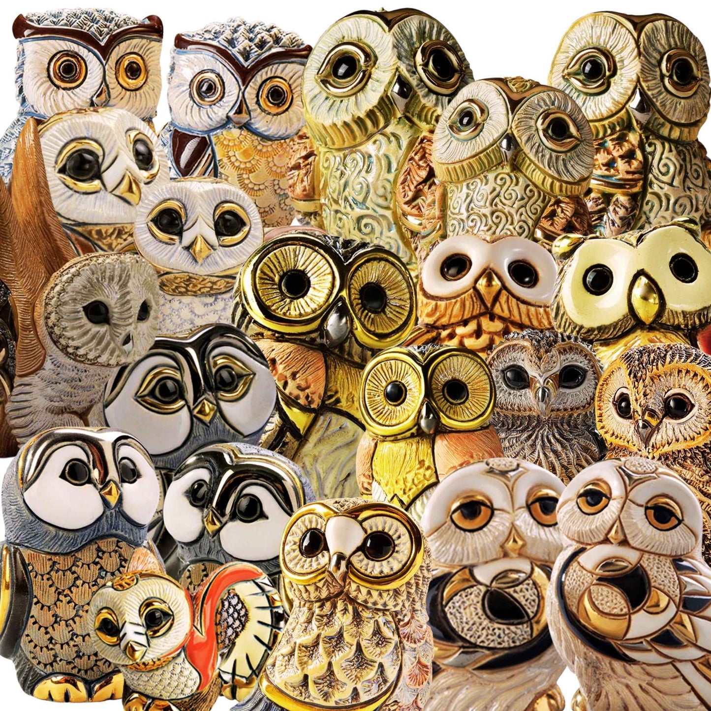 Handcrafted ceramic owl figurines. Owl sculpture collection gift set. African Cape Owl statue. Barn owl ceramic art. Wildlife owl collectible bundle. Handmade owl figurine decor. Long-eared owl collectible sculpture. Snowy owl statue set. Miniature owl figurines handmade. De Rosa owl family set. Animal totem decor owls. Ceramic birds of prey ornaments