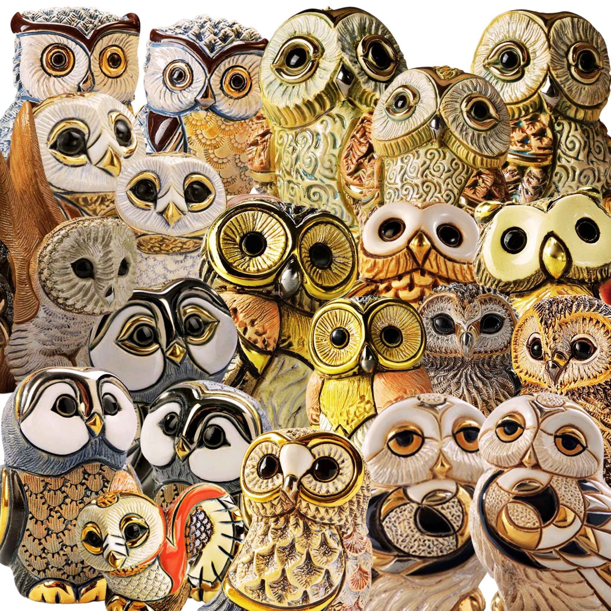 Handcrafted ceramic owl figurines. Owl sculpture collection gift set. African Cape Owl statue. Barn owl ceramic art. Wildlife owl collectible bundle. Handmade owl figurine decor. Long-eared owl collectible sculpture. Snowy owl statue set. Miniature owl figurines handmade. De Rosa owl family set. Animal totem decor owls. Ceramic birds of prey ornaments