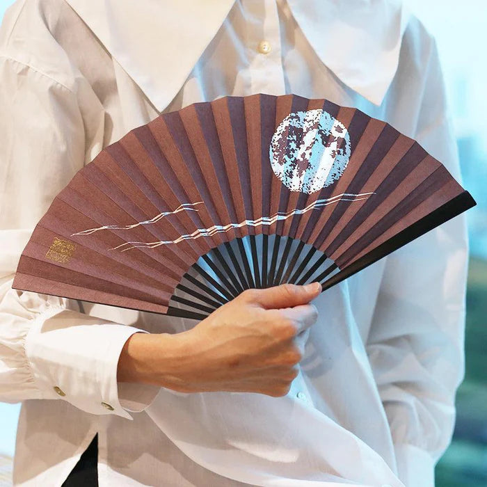 Japanese folding fan, Edo fan, Karakami fan, handmade Japanese fan, washi paper fan, moon motif fan, gold leaf Japanese fan, silver leaf Japanese fan, traditional Japanese hand fan, cultural Japanese gift, Kyoto washi fan, Japanese bamboo fan, Japanese fan with case, paulownia box fan, Japanese seasonal fan