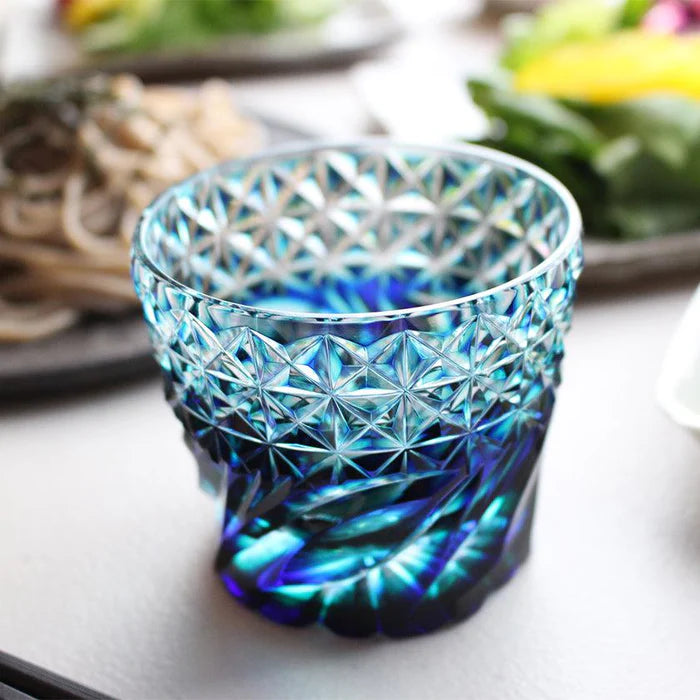 Satsuma Kiriko glass, Satsuma faceted glass, Kagoshima cut glass, Japanese soba choko cups, double-layer crystal glass Japan, lapis lazuli cut glass, Edo-period Satsuma glass revival, Japanese chrysanthemum motif glassware, flowing water pattern glass, handmade crystal glass Japan, Satsuma Vidro faceted cups, traditional Japanese cut glass gifts, paulownia wood box Japanese giftware, Japanese soba cup set