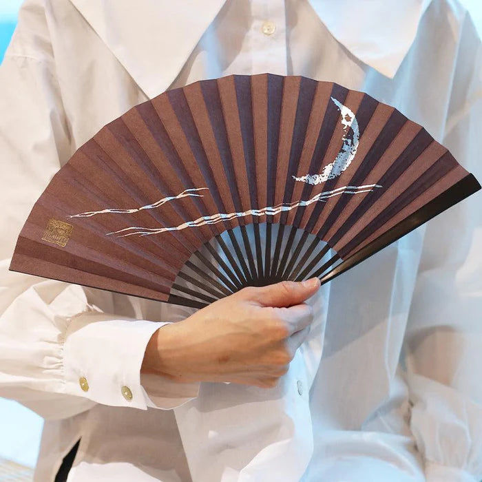 Japanese folding fan, Edo fan, Karakami fan, handmade Japanese fan, washi paper fan, moon motif fan, gold leaf Japanese fan, silver leaf Japanese fan, traditional Japanese hand fan, cultural Japanese gift, Kyoto washi fan, Japanese bamboo fan, Japanese fan with case, paulownia box fan, Japanese seasonal fan