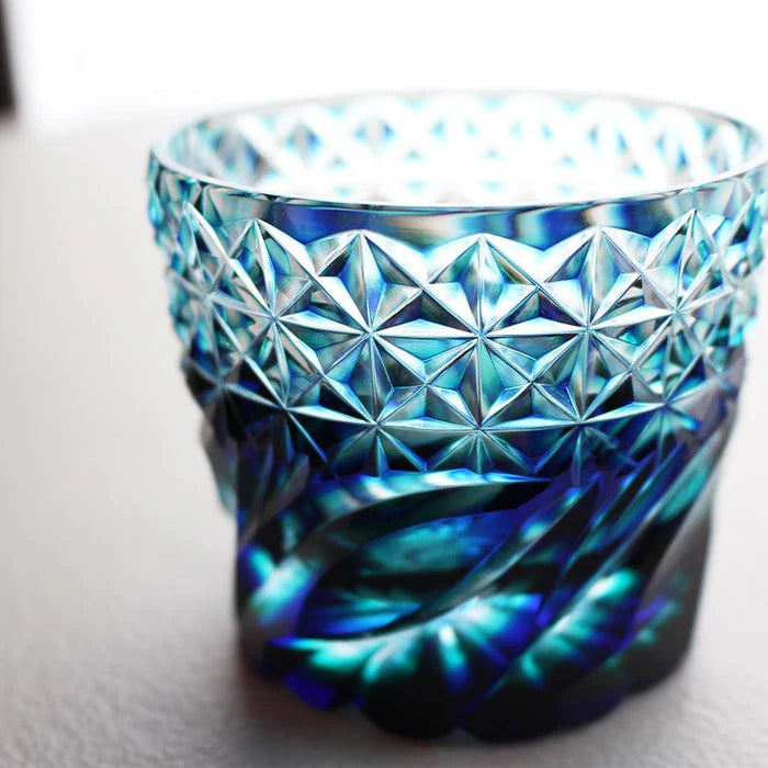 Satsuma Kiriko glass, Satsuma faceted glass, Kagoshima cut glass, Japanese soba choko cups, double-layer crystal glass Japan, lapis lazuli cut glass, Edo-period Satsuma glass revival, Japanese chrysanthemum motif glassware, flowing water pattern glass, handmade crystal glass Japan, Satsuma Vidro faceted cups, traditional Japanese cut glass gifts, paulownia wood box Japanese giftware, Japanese soba cup set