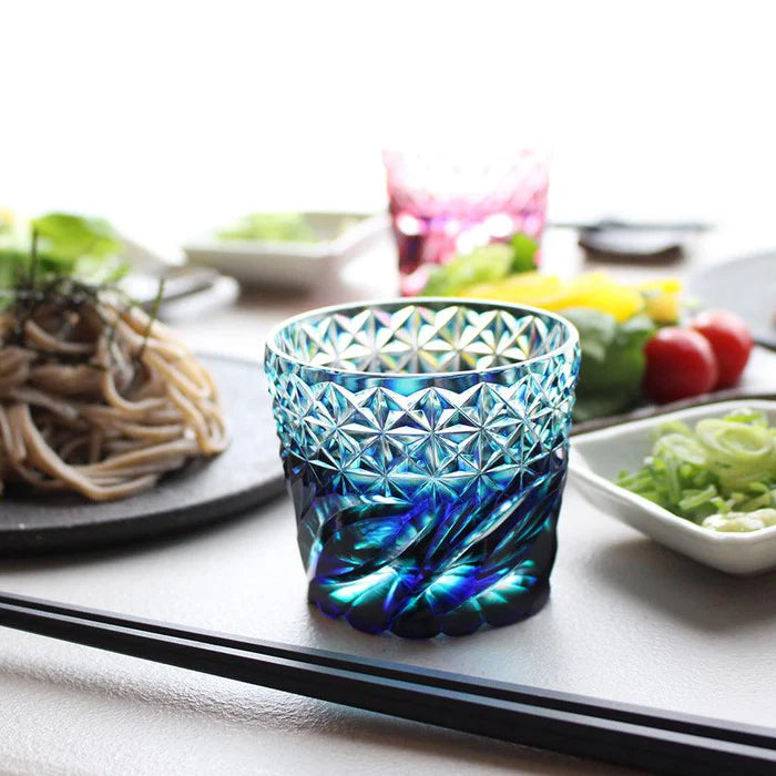 Satsuma Kiriko glass, Satsuma faceted glass, Kagoshima cut glass, Japanese soba choko cups, double-layer crystal glass Japan, lapis lazuli cut glass, Edo-period Satsuma glass revival, Japanese chrysanthemum motif glassware, flowing water pattern glass, handmade crystal glass Japan, Satsuma Vidro faceted cups, traditional Japanese cut glass gifts, paulownia wood box Japanese giftware, Japanese soba cup set