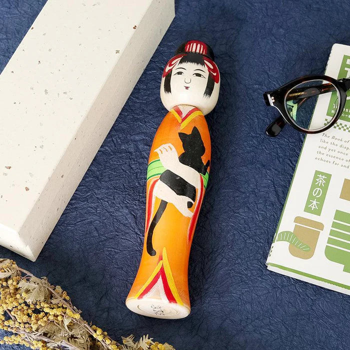 Tsuchiyu kokeshi, Akihiro Konno kokeshi, Japanese wooden doll, traditional kokeshi Japan, Taisho era kokeshi, cherry blossom kokeshi, Aizu makie kokeshi, Japanese folk art doll, handmade kokeshi doll, Fukushima crafts, black cat kokeshi, Japanese souvenir doll, maple wood kokeshi, Japanese decorative figurine, collectible kokeshi, Japan artisan doll, symbolic Japanese doll, protective Japanese ornament, Japanese cultural gift, handcrafted wooden doll Japan