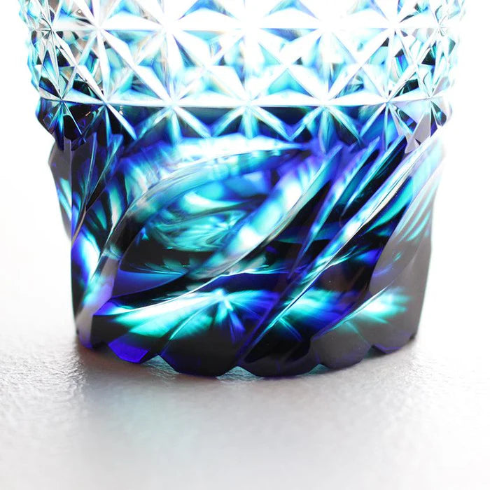 Satsuma Kiriko glass, Satsuma faceted glass, Kagoshima cut glass, Japanese soba choko cups, double-layer crystal glass Japan, lapis lazuli cut glass, Edo-period Satsuma glass revival, Japanese chrysanthemum motif glassware, flowing water pattern glass, handmade crystal glass Japan, Satsuma Vidro faceted cups, traditional Japanese cut glass gifts, paulownia wood box Japanese giftware, Japanese soba cup set
