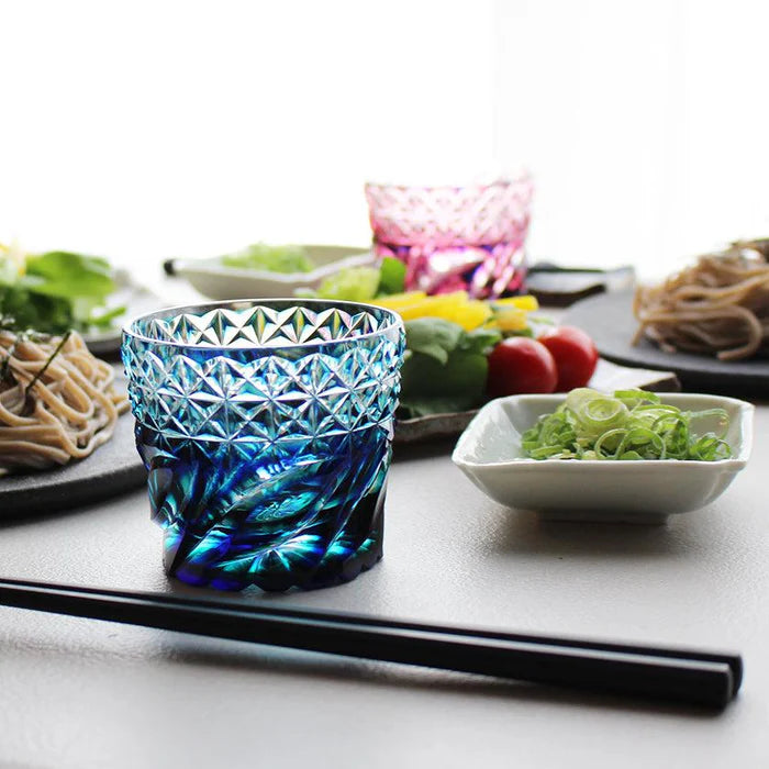 Satsuma Kiriko glass, Satsuma faceted glass, Kagoshima cut glass, Japanese soba choko cups, double-layer crystal glass Japan, lapis lazuli cut glass, Edo-period Satsuma glass revival, Japanese chrysanthemum motif glassware, flowing water pattern glass, handmade crystal glass Japan, Satsuma Vidro faceted cups, traditional Japanese cut glass gifts, paulownia wood box Japanese giftware, Japanese soba cup set