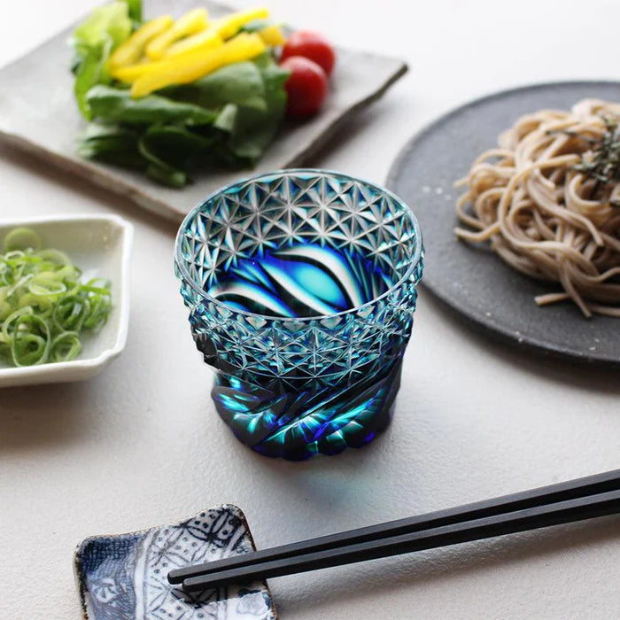 Satsuma Kiriko glass, Satsuma faceted glass, Kagoshima cut glass, Japanese soba choko cups, double-layer crystal glass Japan, lapis lazuli cut glass, Edo-period Satsuma glass revival, Japanese chrysanthemum motif glassware, flowing water pattern glass, handmade crystal glass Japan, Satsuma Vidro faceted cups, traditional Japanese cut glass gifts, paulownia wood box Japanese giftware, Japanese soba cup set