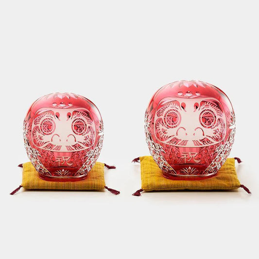 Edo Kiriko Daruma, crystal Daruma doll, Kagami Crystal Japan, Japanese cut glass figurine, red crystal Daruma, gold-red crystal ornament, Edo Kiriko glass art, Japanese good luck charm, Daruma with both eyes open, Japanese perseverance symbol, handmade crystal Daruma, Ibaraki glass craftsmanship, Japanese milestone celebration gift, luxury Japanese glassware, traditional Edo cut glass